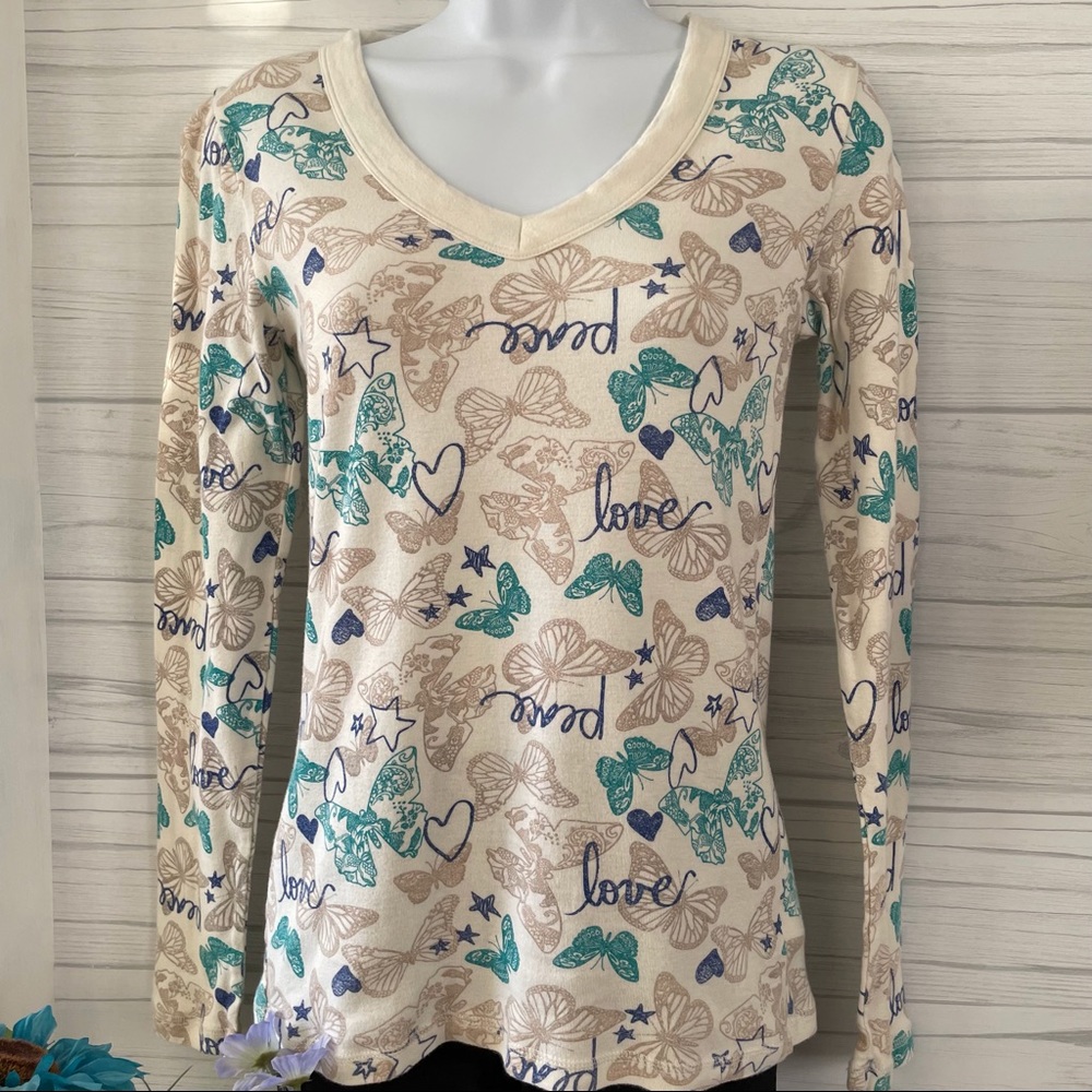 Arizona women’s deep V- neck, long- sleeved. 100% Cotton. Size L. Pit-pit:16-18”